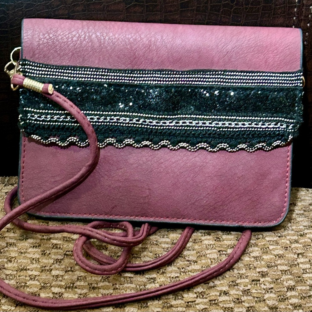 Chic Plum Crossbody Bag Faux Leather with Sequin and Beaded Detail